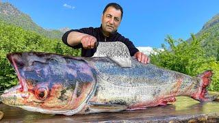 Huge One-And-a-Half-Meter Silver Carp Fried On A Fire To A Crisp