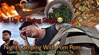 Night camping with ​⁠@Pompomvlogs. cooking with bamboo shuts and chicken at riverside