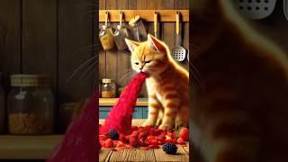 Kitten Feels Sick  from Strawberries , Grandma Fixes It! ️ #cat #cattales #catfunny