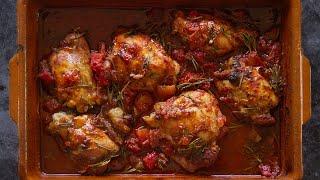 Roast chicken thighs with red wine, tomato, and herbs | 2-minutes prep, ready in 30 minutes!