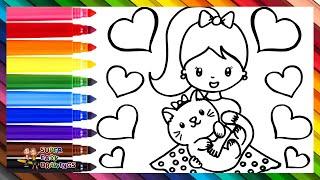 Drawing and Coloring a Girl with a Kitten  Drawings for Kids