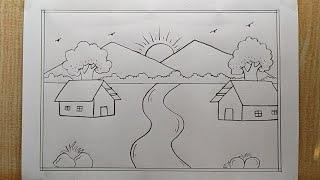 Easy scenery drawing with pencil| Village scenery drawing| Landscape scenery drawing| House scenery