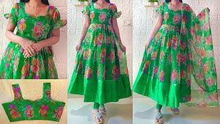 Convert saree into designer long dress/frock/gown | Puff sleeve kurti dress cutting & stitching