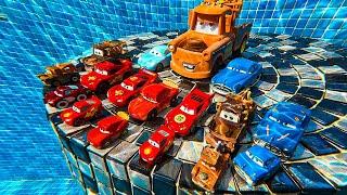 Disney Pixar Cars falling into deep pool, Lightning McQueen, Tow Mater, Mack, Sally, Francesco