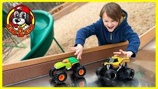 MONSTER TRUCKS PLAY AT THE PARK  Earth Shaker & Ninja Turtle Save Monster Mutt!