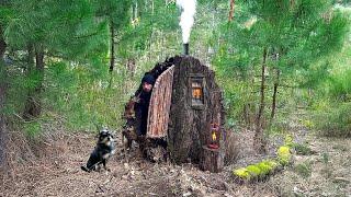 Building a Warm and Cozy Shelter on a Fallen Tree.Secret Lair, Bushcraft