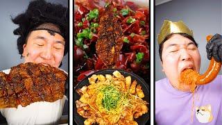 ASMR MUKBANG| Spicy noodles, pork belly, Kielbasa sausage, grilled lamb leg Funny Eating!