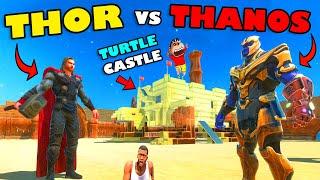 THOR DEADPOOL ARMY vs THANOS BATMAN ARMY and GOLD TURTLE CASTLE CHOP and SHINCHAN in ARBS Dinosaur