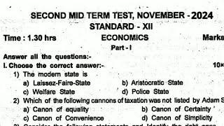 12TH STD ECONOMICS SECOND MID TERM TEST NOVEMBER-2024 ORIGINAL QUESTION PAPER  12TH STD ECONOMICS