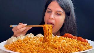 SPICY BULDAK NOODLES, SAUSAGE, DUMPLINGS | MUKBANG | ASMR | EATING SOUNDS