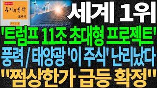 세계1위 '트럼프 11조 초대형 프로젝트' 풍력/태양광 직수혜 '이 주식' 난리났다! "쩜상한가 급등 확정" 신재생에너지 대장주 대선주 급등주 주가 주가전망 디에스경제뉴스 또바기