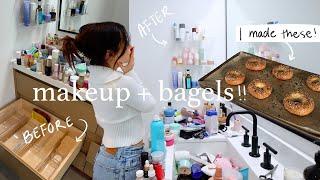 VLOG: organizing all my makeup + skincare! + making cottage cheese bagels?!