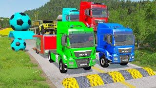 Double Flatbed Trailer Truck vs Speedbumps Train vs Cars | Tractor vs Train Beamng.Drive 060