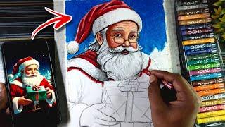 Santa Claus Drawing With Oil Pastle, Merry Christmas Drawing, How To Draw Santa Claus, Step By Step