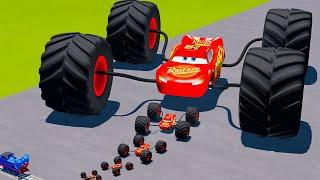 Big & Small Monster Truck Spider Lightning McQueen vs Huggy Wuggy The Tank Engine Train BeamNG.Drive