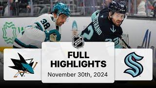 NHL Highlights | Sharks vs. Kraken - November 30, 2024