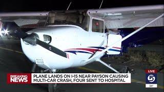 Small airplane makes emergency landing on I-15, involved in multi-car crash