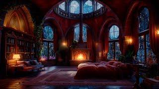 Rain, Thunder and Fireplace Sounds For Sleeping in this Cozy Castle Room | 12 Hours