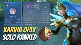 92% WINRATE! KARINA ONLY WARRIOR TO MYTHIC SOLO RANKED | Mobile Legends