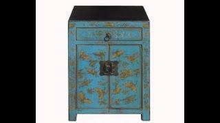 Turquoise Gold Butterfly Painting Nightstand End Table Chinese Antique Cabinet WK2537