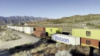 Hill 582 Cajon Pass, Ca! Double, Double Stack Trains Climb the Steep Cajon Grade Side by Side!