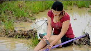 Beautiful Girl Fishing - Amazing Fishing at Battambang -How To catch fish by hand | fishing village9