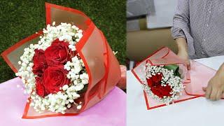 4 Roses wrapping. Only  1 paper, how to flower wrapping & arrangement