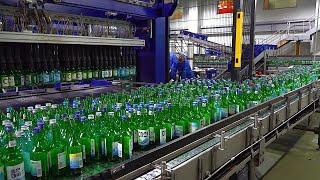 Process of mass-producing 1 million bottles of soju a day. State-of-the-art soju factory in Korea