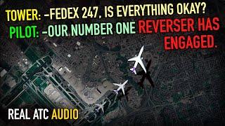 THRUST REVERSER ENGAGED After Takeoff. FedEx MD-11F. REAL ATC