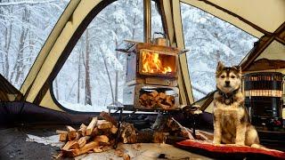 ️ HOT-TENT SNOW CAMPING mit süßem Hund bei starkem Schneefall