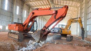 JCB 205 vs TATA 330 Excavator Rock Breaking and Loading Old Truck for Rubber Gloves Factory