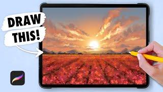 PROCREATE Landscape Drawing Tutorial for Beginners - SUNSET FLOWER FIELDS (step by step)