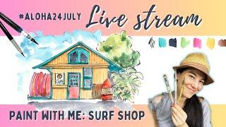 Hawaiian surf shop in WATERCOLOR & INK | Step by step live tutorial