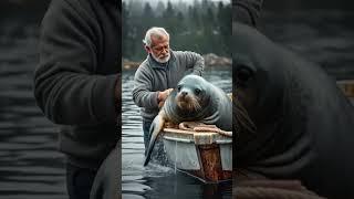 Golden seal parasitized by millions barnacles, it calls for help from the old man