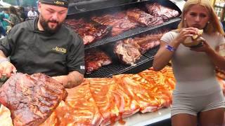 Smoked Pork Loin and Pulled Pork. Street Food in Barcelona, Spain. 'Meat & Fire' Fest