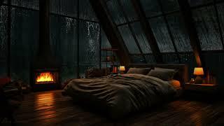 ️It's Heavily Rain Thundering, let's warm up in Attic Bedroom w/ fireplaceRain Sounds for Sleeping