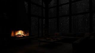 Warm Cabin Atmosphere with Soft Night Rain  Fireplace Sounds for Relaxation, Studying, & Working 