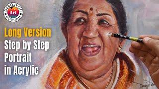 Step-by-Step Tutorial | Lata Mangeshkar Portrait Painting in Acrylic on Canvas by Debojyoti Boruah