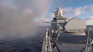 Uran (SSN-N-25) Missile and gun fire of the Russian corvette Stoyky (545) in the Baltic Sea