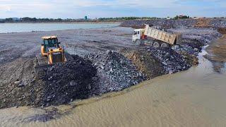 Incredible Develop City in Cambodia !! Bulldozer SHANTUI Push Stone & Dump truck Unloading Stone