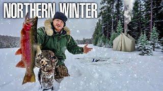 Ice Fishing & Winter Camping in the Snow with a Wall Tent & Wood Stove