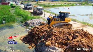 Great Job Best Skills Operating Heavy Shatui Dozer Push Stone Soil Into Water Fill Huge Land & Truck
