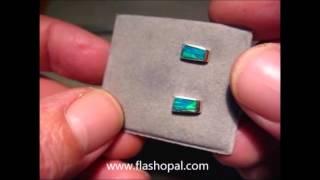 Opal Earrings 14k White Gold Studs Green Blue Rectangle