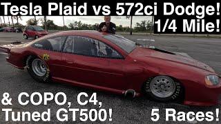 Tesla Plaid 1/4Mile vs 572ci Dodge Stratus! Tuned Shelby GT500! COPO Camaro! C4 Vette! 5 Races in 4K