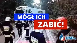 Rozpędzony TIR mało co nie staranował strażaków i policjantów!