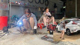 Girl repairs shoulder-mounted lawn mower using powerful 4-stroke engine.