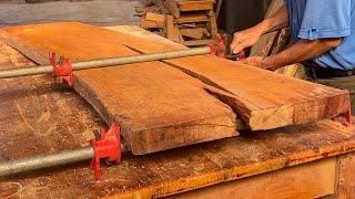 Restoring Cracks in Wood Panels to Create a Beautiful Table Using Natural Red Wood