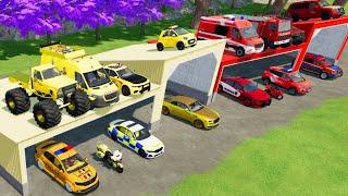 TRANSPORTING CARS, AMBULANCE, POLICE CARS, FIRE TRUCK, MONSTER TRUCK OF COLORS! WITH TRUCKS! - FS 22