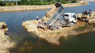 Repair Road Destroyed By Flood!! Dozer Komatsu D58P push soil repairing Road on Canal & 25ton Truck.