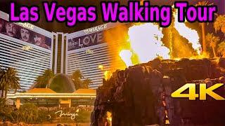 BELLAGIO LAS VEGAS - MIRAGE VOLCANO SHOW - TREASURE ISLAND WALKING TOUR in 4K